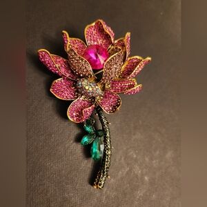 Rhinestone Chunky Statement Pink and Green Floral Brooch New Fashion Trendy